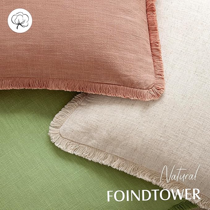 Foindtower Set of 2 Decorative Linen Fringe Throw Pillow Covers Cozy Boho Farmhouse Cushion Cover with Tassels Soft Accent Pillowcase for Couch Sofa Bed Living Room Home Decor,18×18 Inch,Coral Pink