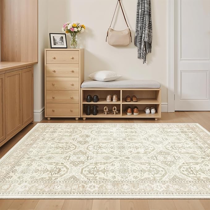Soalmost 3x5 Rug, Small Area Rug for Kitchen, Entryway, Machine Washable Non-Slip Throw Rug, Vintage Carpet for Nursery Coffee Table Beige/Brown