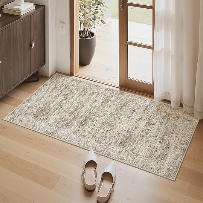 Soalmost 2x4 Washable Rugs for Kitchen, Floor, Entryway, Powder Room Small Area Rug Non-Slip Vintage Low Pile Throw Door Mat Brown