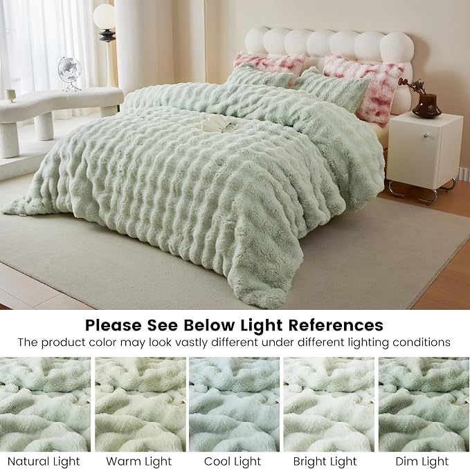 Simple&Opulence Fluffy Faux Fur Comforter Set, Plush Fuzzy Minky Bedding Set, 3 Pieces Warm Soft Comforter Bedding Set for Winter - 1 Shaggy Comforter with 2 Pillow Shams(King, Light Green)