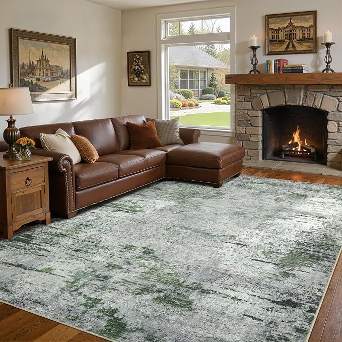 DMOYEST Area Rug Living Room Rugs - 10x14 Large Soft Indoor Neutral Modern Abstract Low Pile Washable Rug Carpet for Bedroom Dining Room Farmhouse Home Office - Green/Grey/Brown