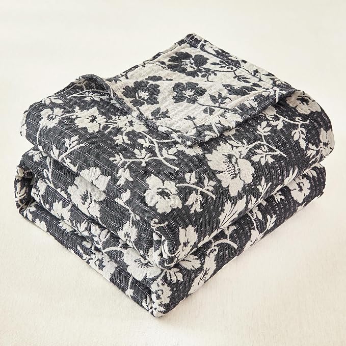 MEJU Vintage Black White Floral Modern Farmhouse Flower Muslin All Season Blanket for Bed Sofa Couch, 100% Combed Cotton 3 Layer Soft Warm Throw Blanket Bed Cover Sheet F/Q 80 in x 90 in