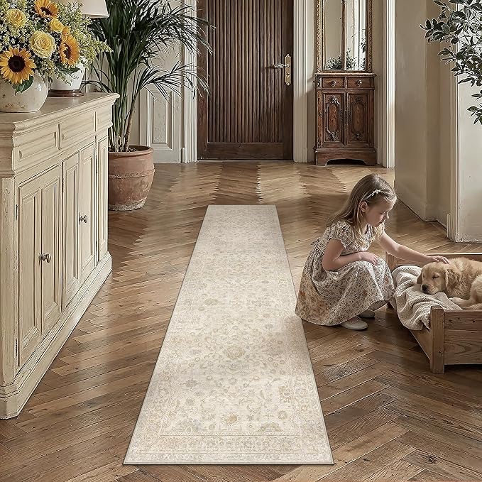2.6x8 Beige Washable Runner Rug for Living Room Bedroom Neutral Soft Floral Non Slip Runner Rug Lightweight Vintage Low Pile Distressed Carpet Kitchen Hallway Bedroom Bathroom