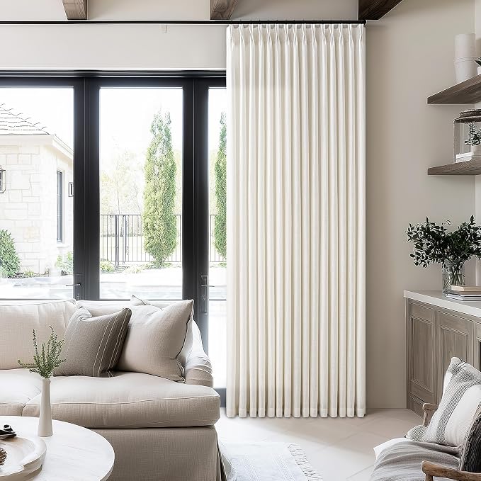 Natural Linen Pinch Pleated Curtains 108 Inches Long for Living Room Pleated Drapes Hooks Back Tab Thick Linen Textured Boho Farmhouse Cream Birch Extra Long 108 Inch Curtain Dining Bedroom 1 Panel