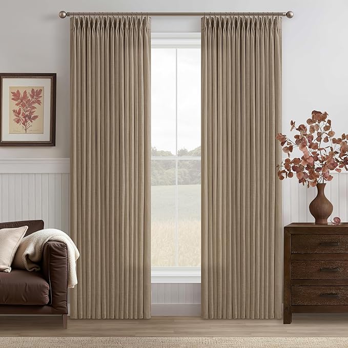 Thick Linen Pinch Pleat Curtains 86 Inches Length 2 Panels Set Latte Taupe Rustic Memory Trained Semi Sheer Privacy Flax Linen Window Drapes Track System 50 Inch Wide Curtain for Living Room Bedroom