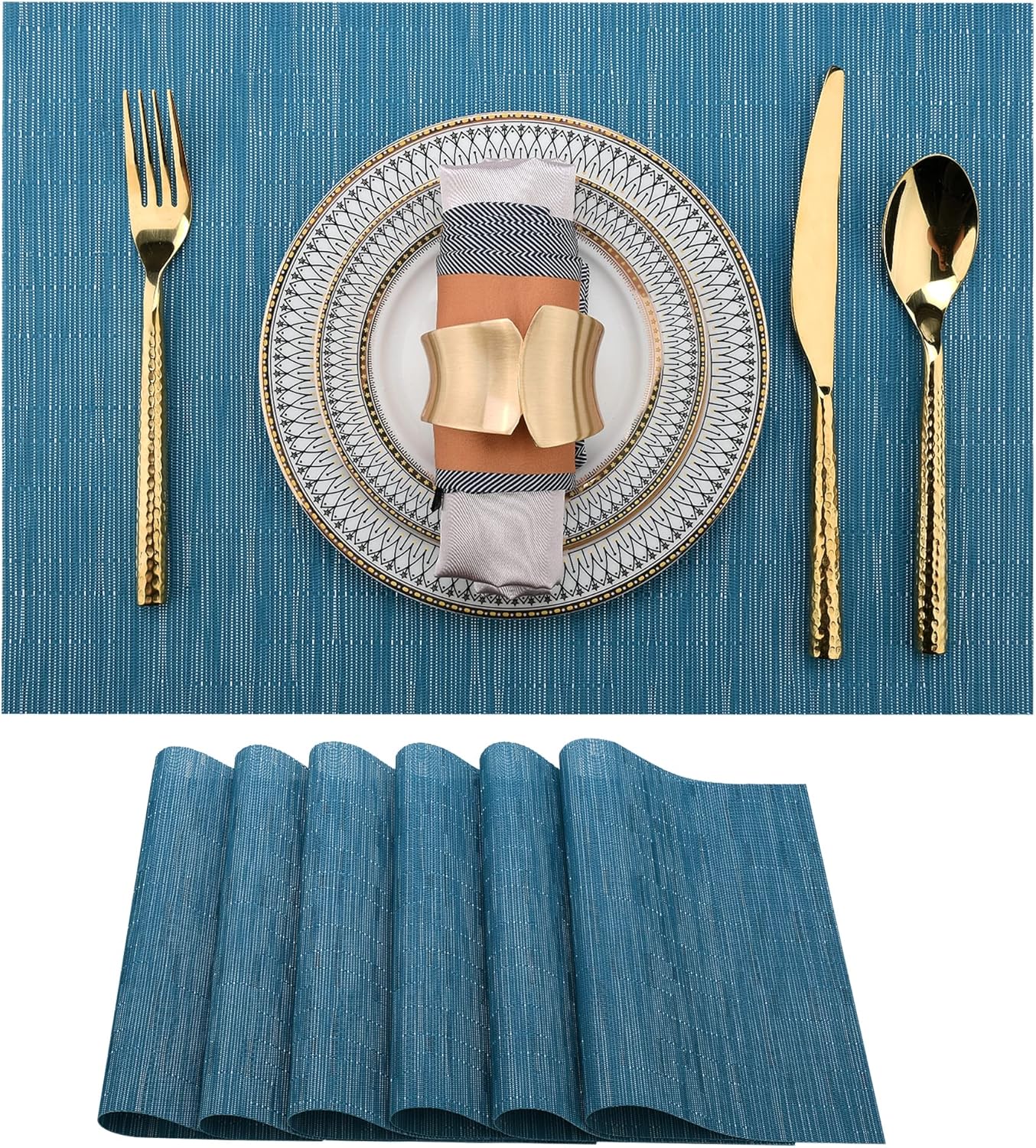 Vinyl Placemats Set of 6 - Easy Clean Place Mats - Washable Heat Resistant Table Mats for Dining Table - 17x12 Inch (Sky Blue Turquoise, 6)