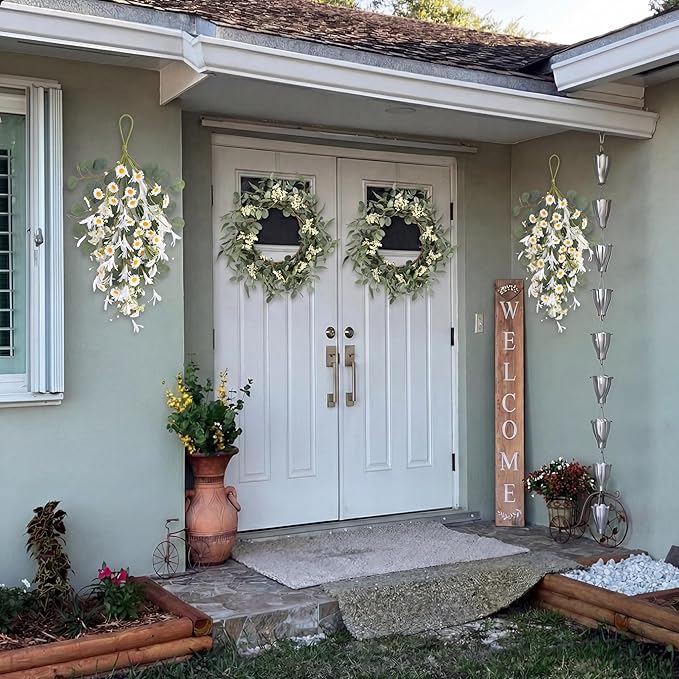 Pinkpum 20'' Eucalyptus Wreath 22'' Daisy Teardrop Swags Set 4 for Front Door Fireplace Hanging Porch Wall Home Window Kitchen Decor Farmhouse Garden Party Indoor Outdoor Summer Spring Fall