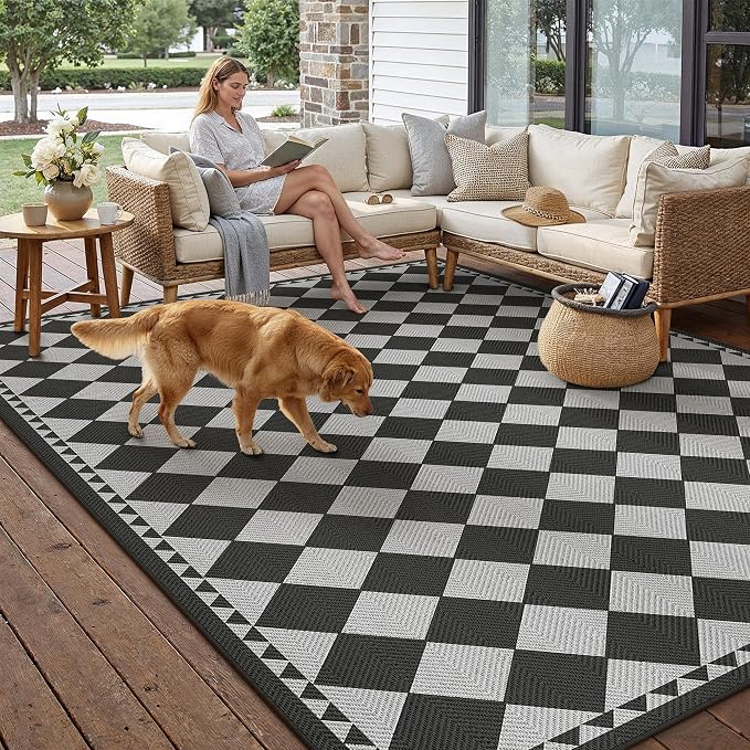HUGEAR 9x12 Outdoor Rug Black/Grey Linen-Look Fabric Checkered Area Rug High Traffic Stain Resistant Easy Clean Durable Rugs for Indoor/Outdoor Patio Deck Balcony Porch Garden Courtyard
