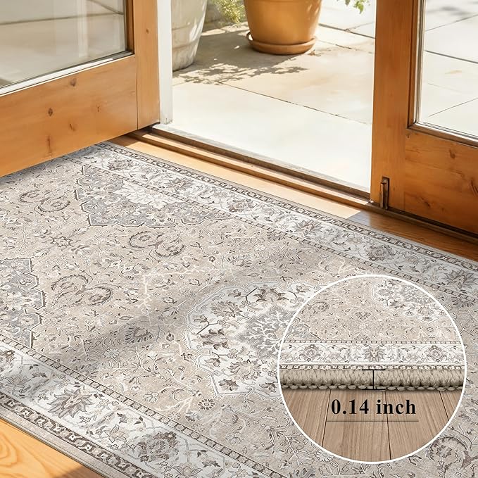 Washable Hallway 3x18 Runner Rug: Vintage Ultra Soft Non Slip Runner for Kitchen Entrance Indoor Farmhouse Long Carpet for Living Room Bathroom Low Pile Floor Mat for Bedroom Dining Room (3X18, Beige)