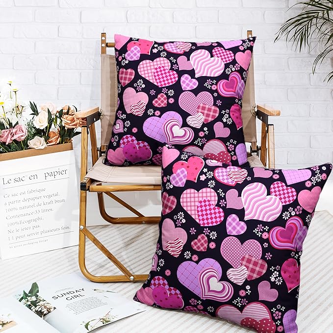 Valentines Pillow Covers 16x16 Pack of 2 Pink Purple Hearts Flowers Throw Pillow Covers Valentines Day Pink and Black Cushion Case Cotton Linen Pillowcase for Couch Sofa Patio