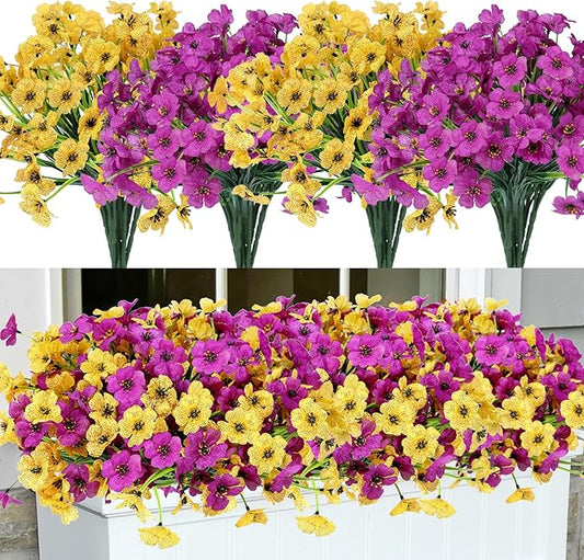 Geegoods Artificial Mums Flowers for Outdoors, 16 Bundles UV Resistant Fake Plastic Purple and Yellow Flowers for Patio Porch Spring Summer Decor