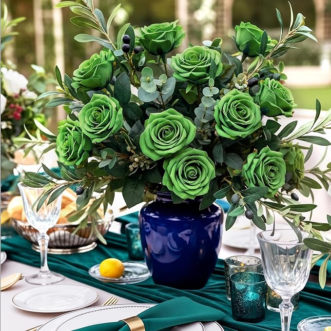 Auihiay 60PCS Green Roses Artificial Flowers, Fake Roses, Velvet Silk Green Flower, Natural-Looking Faux Blooms Ideal for Valentine's Day, St. Patrick's Day, DIY Floral Craft & Home Decoration