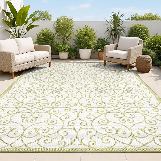 JONATHAN Y Vintage Filigree Indoor Outdoor Area Rug 5X8 Green/Cream, Madrid Textured Weave for Backyard, Patio, Porch, Easy-Cleaning, High Traffic, Pet-Friendly, Non-Shedding (SMB107H-5)