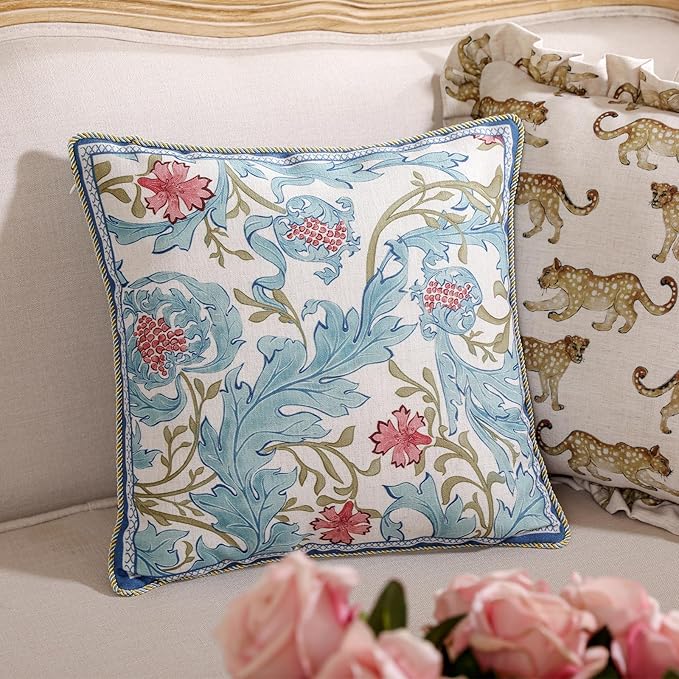 patdrea Designer Vintage Linen Throw Pillow Cover,18"x18"-Fromm A | Luxury Decorative Pillow Case with Zipper,Blue Floral Pattern,Pillow Cover for Couch Living Room Bedroom Sofa