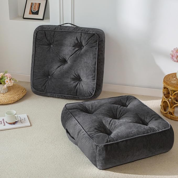6" Extra Thick Floor Pillow Cushion for Adults, Meditation Cushion Pillow with Handle, Lustrous Chenille Tufted, Square Floor Sitting for Tatami Living Room or Yoga, 22x22 Inch, 2Pack, Dark Grey