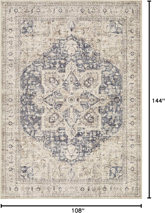 Tortania Area Rug Living Room Rugs - 9x12 Washable Boho Rug Vintage Oriental Distressed Farmhouse Large Thin Indoor Carpet for Living Room Bedroom Under Dining Table Home Office - Cream Blue