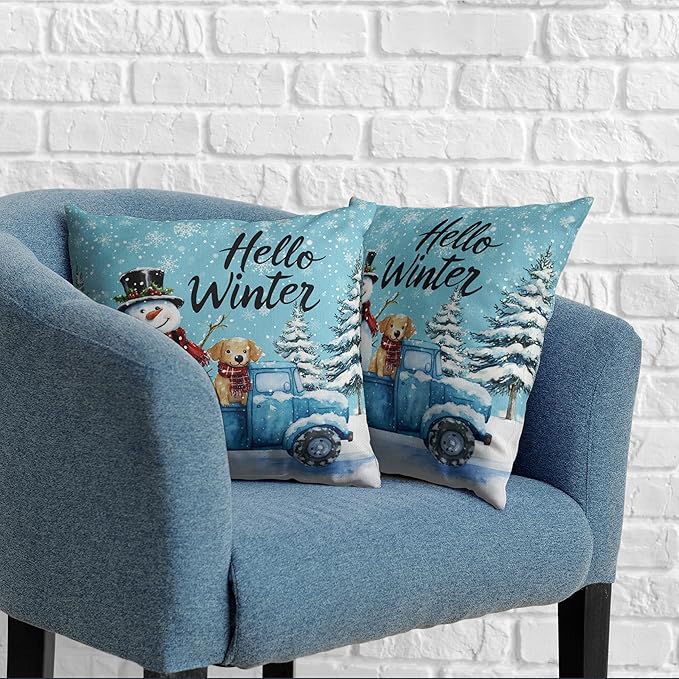 Hello Winter Pillow Covers Blue Truck with Lovely Snowman Puppy Dog Throw Pillow Case Snowflakes Snowman Cushion Case 22x22 Set of 2 for Holiday Decorations Couch Sofa