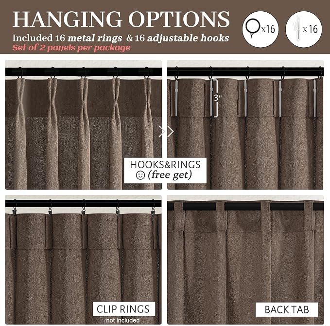 Dark Brown Pleated 90 Inch Bedroom Curtains 2 Panels Set, Memory Shape Pinch Pleat Linen Semi Sheer Light Filtering Privacy Windows Drapes Country Dining Room Curtain 90 Inches Long with Hooks & Rings