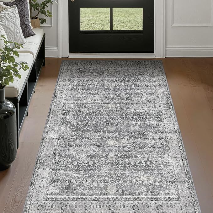 Grey Vintage 3x5 Entryway Rug Indoor Foyer, Neutral Gray Throw Rug for Kitchen Bathroom, Machine Washable Non Slip Thin Area Rug for Nursery/Bedroom Bedside/Home Office/Dorm
