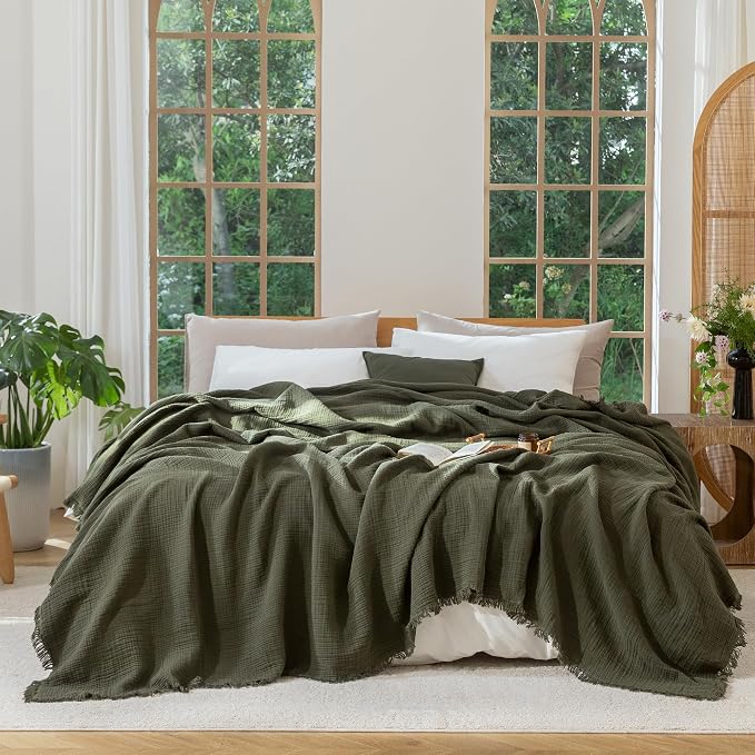 MooMee Muslin Blanket - 100% Cotton 4-Layer Gauze Throw Blanket with All-Around Fringe, Soft Breathable Lightweight Cooling Summer Blankets for Bed Couch (Olive Green,Oversize Queen 98" x 98")