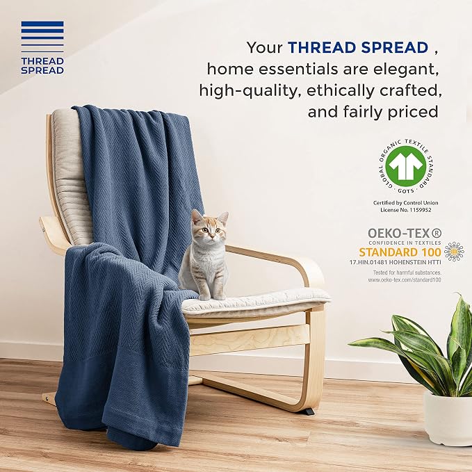 THREAD SPREAD Organic GOTS Cotton Blanket, Full/Queen - 350 GSM, Antistatic, Fuzzy Soft, Lightweight, Sofa, Camping & Travel, Perfect Herringbone All Seasons Throw, Medium Blue with Free Tote Bag