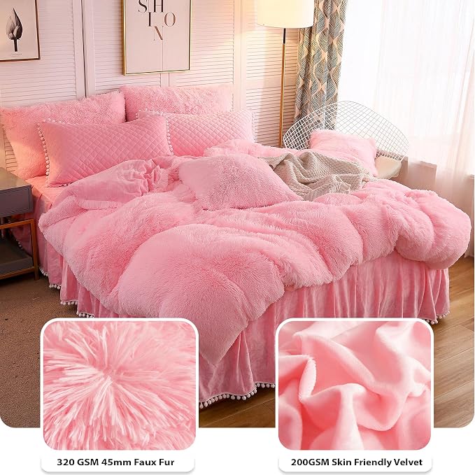 LIFEREVO Luxury Plush Shaggy Duvet Cover Set, Soft Velvet Fluffy Furry Duvet Cover Set(1 Faux Fur Fuzzy Comforter Cover + 1 Pom-poms Pillow Sham) Solid Bedding Set, Zipper Closure(Twin/Twin XL,Pink)