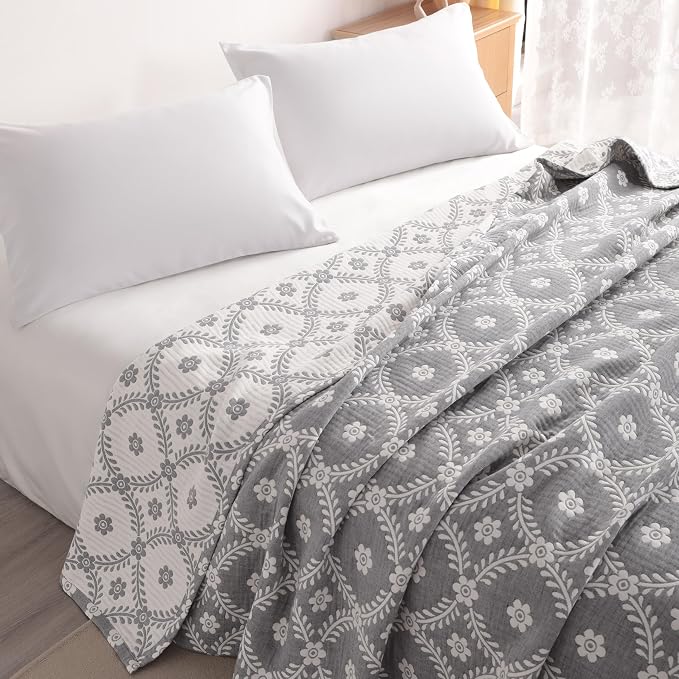 NTBAY 3 Layers Cotton Muslin 68x92 Twin Bed Blanket, Super Soft Breathable Thermal Yarn Dyed Quilt for Adults, Perfect Lightweight Blanket for Couch Sofa Bed All Seasons, Grey Garlands