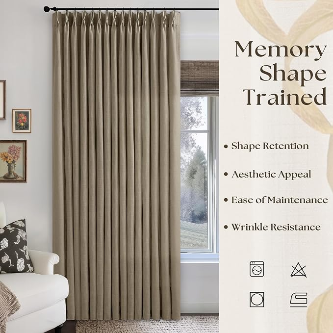Pinch Pleated Linen 102 Inch Curtains 100 Inch Width for Living Room Divider Light Filtering Thick Light Brown Linen Extra Wide Patio Curtains for Sliding Door Balcony Floor to Ceiling Window 1 Panel
