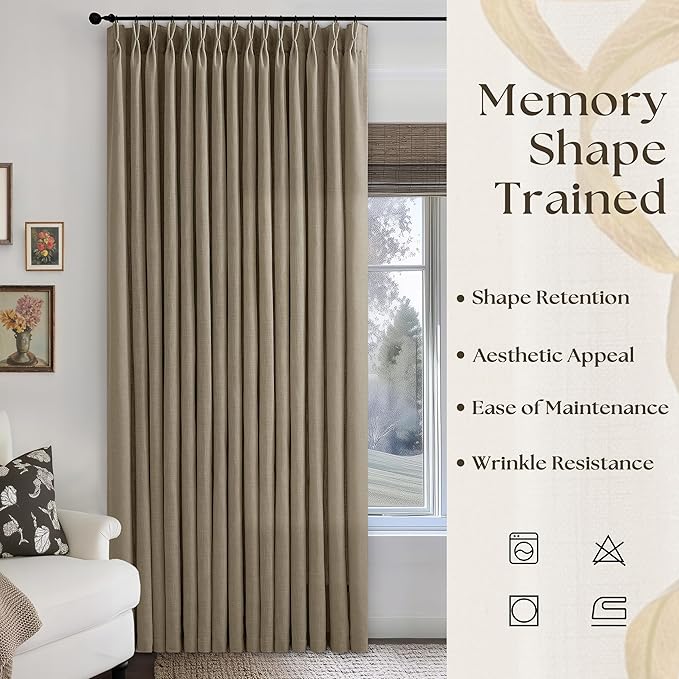 Pinch Pleated Linen 90 Inch Curtains 100 Inch Width for Living Room Divider Light Filtering Thick Light Brown Linen Extra Wide Patio Curtains for Sliding Door Balcony Floor to Ceiling Window 1 Panel