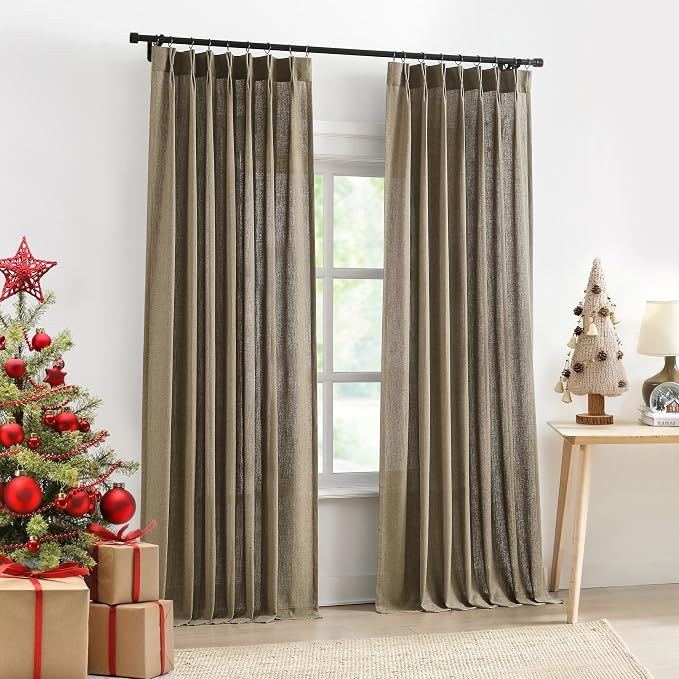 Central Park Café Brown Pinch Pleat Light Filtering Curtain Panel with Microfiber Liner 108 Inches for Living Room, Linen Blended Window Treatment Drape for Bedroom with Back Tabs Hooks, 40"Wx108"Lx2