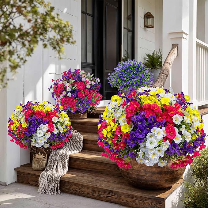 AXYLEX Artificial Flowers Outdoor Shrubs - 16 Bundles Fake Plants UV Resistant No Fade Faux Plastic Greenery Home Garden Porch Patio Decoration (1, Multi16-2)