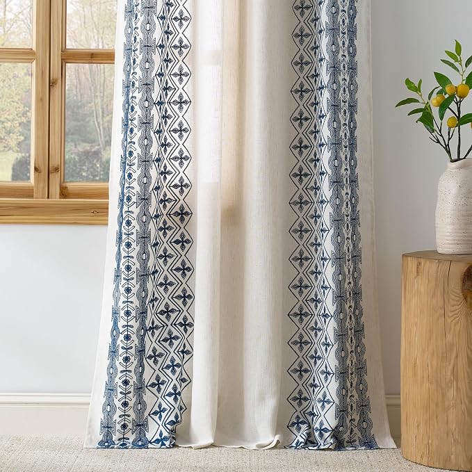 NICETOWN Boho Curtains with Navy Blue Trim 84" Long 2 Panels, Embroidered Cream Linen Textured Geometric Drapes with Antique Bronze Grommets, Light Filtering Window Treatment for Living Room & Nursery