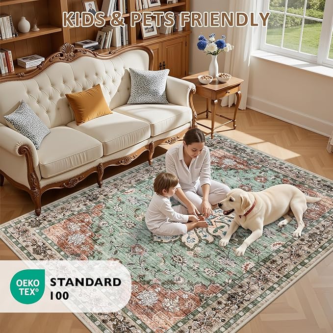 2x3 Area Rugs Living Room Rug: Washable Vintage Distressed Floral Rug No Slip Stain Resistant Soft Carpet Indoor Large Carpets for Bedroom Dining Room Farmhouse Nursery Hallway Home Office Brown Green