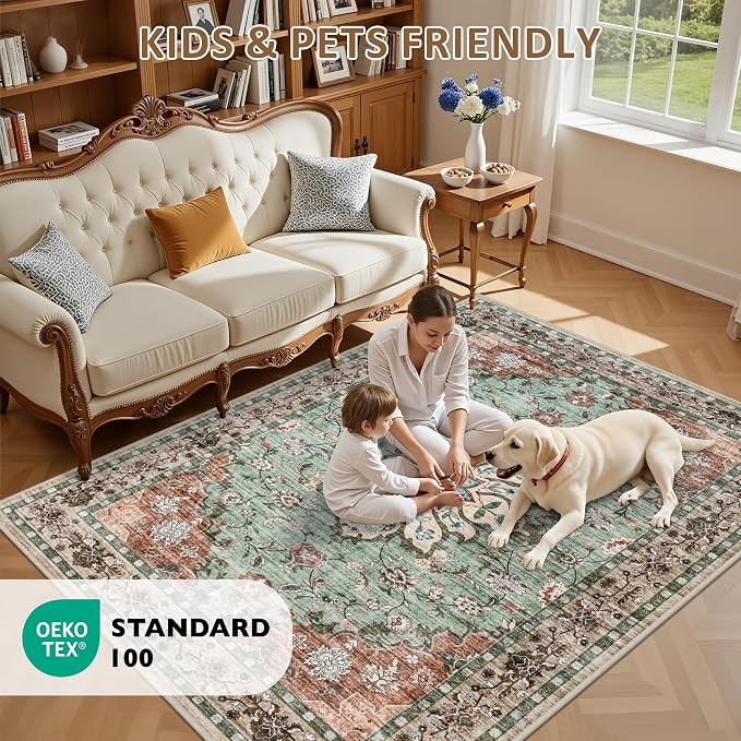 Area Rugs 9x12 Living Room Rug: Washable Rug Soft Vintage Distressed Floral Carpet Indoor Non-Slip Stain Resistant Large Carpets for Bedroom Dining Room Farmhouse Nursery Home Office Brown Green