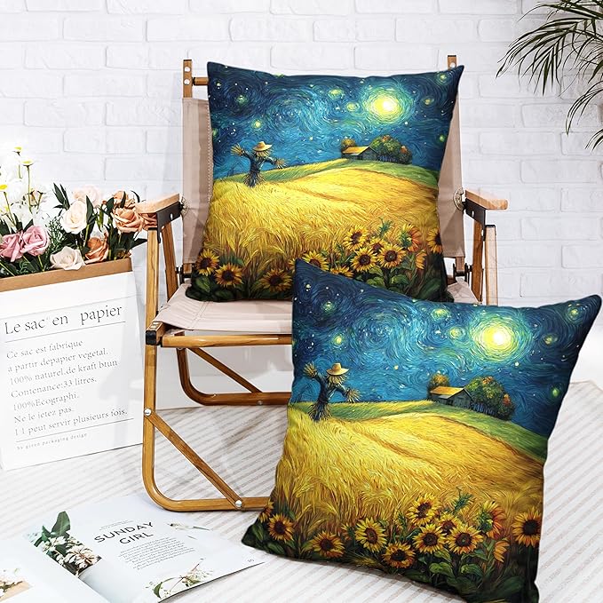 Fall Throw Pillow Covers 20x20 Set of 2 Autumn Sunflower Wheat Field Harvest Pillow Covers Scarecrow Under Van Gogh Starry Night Thanksgiving Pillowcase for Home Decor Couch
