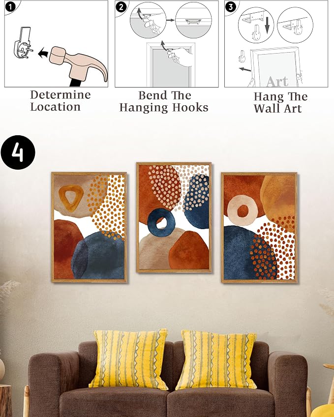 UPWOIGH Boho Abstract Framed Wall Art, 16 x 24 Inch, Set of 3 | Terracotta, Navy and Beige Geometric Prints, Modern Watercolor Boho Design, Light Wood Frames for Bedroom and Living Room