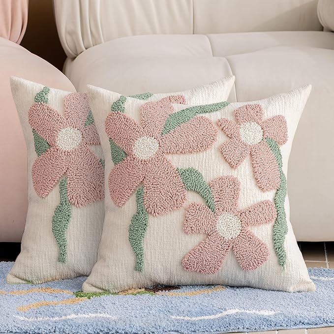 Pink Floral Embroidered Throw Pillow Covers 18" x 18" Set of 2, Farmhouse Flowers Green Leaves Tufted Patterned Cushion Cases for Couch Bed Living Room Decor