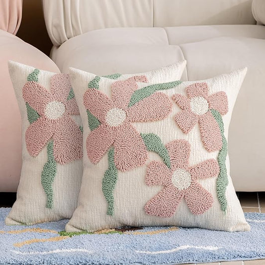 Pink Floral Embroidered Throw Pillow Covers 18" x 18" Set of 2, Farmhouse Flowers Green Leaves Tufted Patterned Cushion Cases for Couch Bed Living Room Decor
