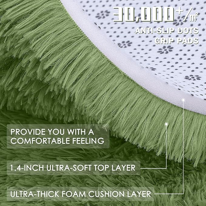 OLANLY Green Round Rugs for Bedroom - Machine Washable, 9 ft Circle Area Rugs for Living Room, Soft and Fluffy Shaggy Carpet for Teen Girl and Boys, Nursery Rooms, Dorms, Home Decor Aesthetic