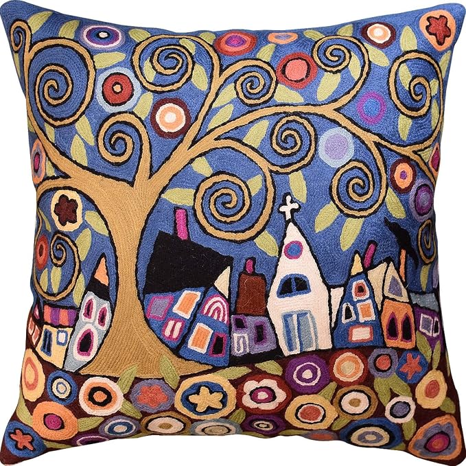 Blue Gray Tree of Life Accent Pillow Cover Karla Gerard Floral Pillowcase Village Church Floral Chair Cushion Farmhouse Pillowsham Hand Embroidered Wool Size 18x18