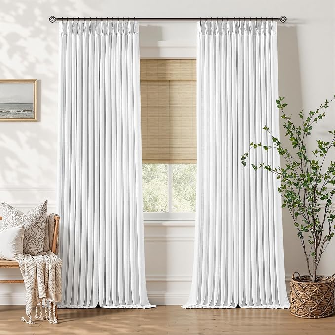 Snow White Pleated Linen Curtains 86 Inches Long 2 Panels Set Semi Sheer Boho Memory Trained Shaped Linen Blend Curtains with Back Tab Hooks Rings Modern Pinch Pleat Bedroom Office Drapes 40x86