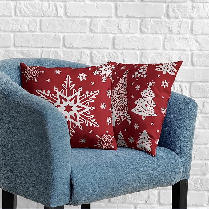 Red Christmas Pillow Covers 18x18 Winter Xmas Tree with Snowflakes Decorative Pillow Covers Set of 2 Holiday Cushion Case for Christmas Decorations Living Room Outdoor
