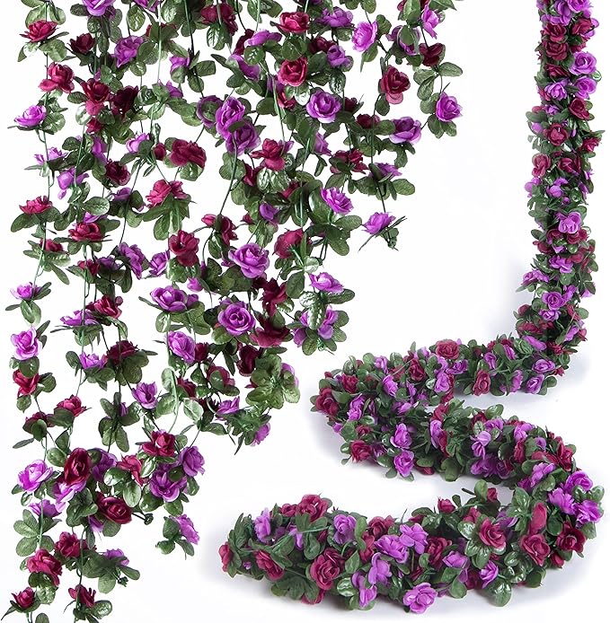 PONKING 8 Pcs x 8.2 ft Flower Garland Artificial Rose Vine Flowers with Green Leaves Hanging Fake Roses Vine for Room Party Home Wedding Birthday Christmas Wall Arch Decor, Spring Purple Flower