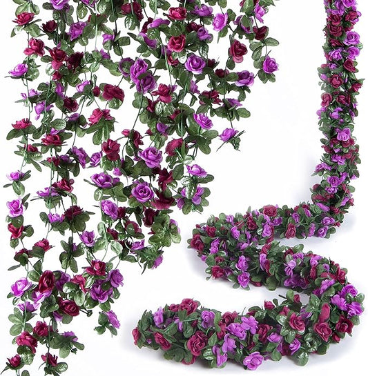 PONKING 8 Pcs x 8.2 ft Flower Garland Artificial Rose Vine Flowers with Green Leaves Hanging Fake Roses Vine for Room Party Home Wedding Birthday Christmas Wall Arch Decor, Spring Purple Flower