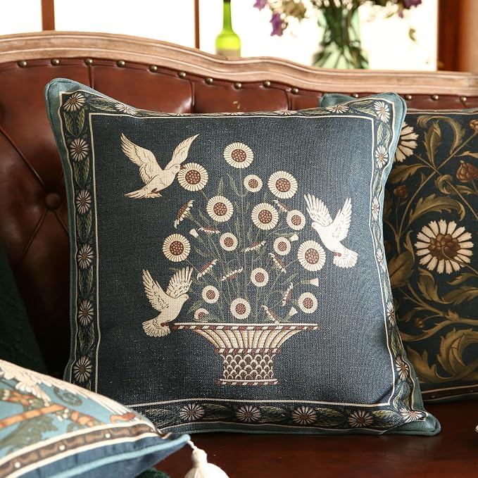 bilin gaier Green Throw Pillow Covers Set of 2,French Farmhouse with White Birds and Flowers Pattern Linen Pillowcases,Decorative Square Pillows Cushion Covers for Couch Sofa Bed Chair,18x18 Inches