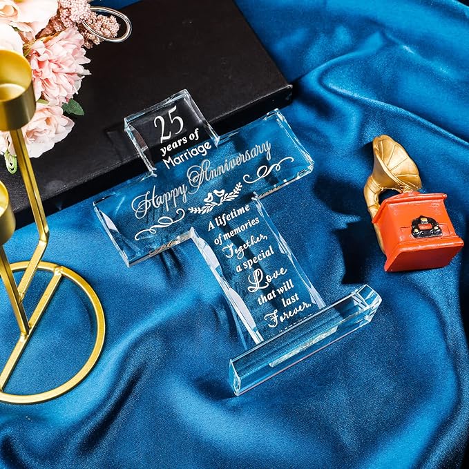 YWHL 25th Wedding Anniversary Glass Cross Gifts for Wife Husband, Laser Engraved 25 Year Anniversary Standing Cross Gifts for Couple, 25 Years of Marriage Decorations