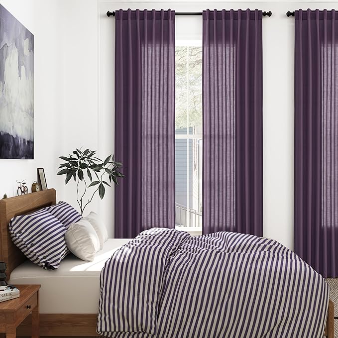 Plum Linen Curtains 108 Inches Long for Living Room 2 Panels Set Extra Long Back Tab Curtain Semi Sheer Light Filtering Plum Drapes Floor to Ceiling Curtains for Large Windows 52x108
