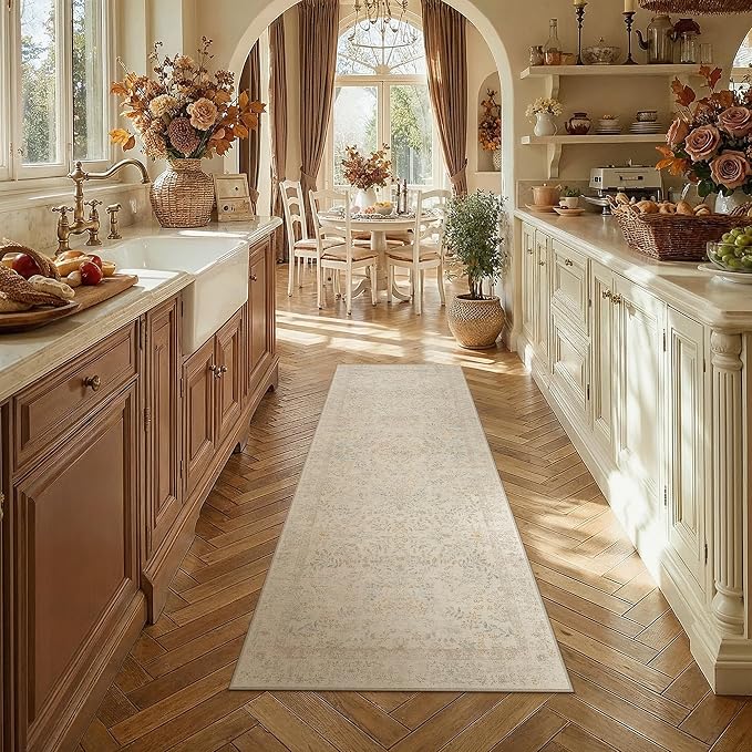 PureCozy 2x6 Beige Area Rug for Kitchen Washable Vintage Floral Carpet Low Pile Non Slip Botanical Aesthetic Soft Accent Throw Rug Entrance Bathroom Bedroom Nursery Office Indoor