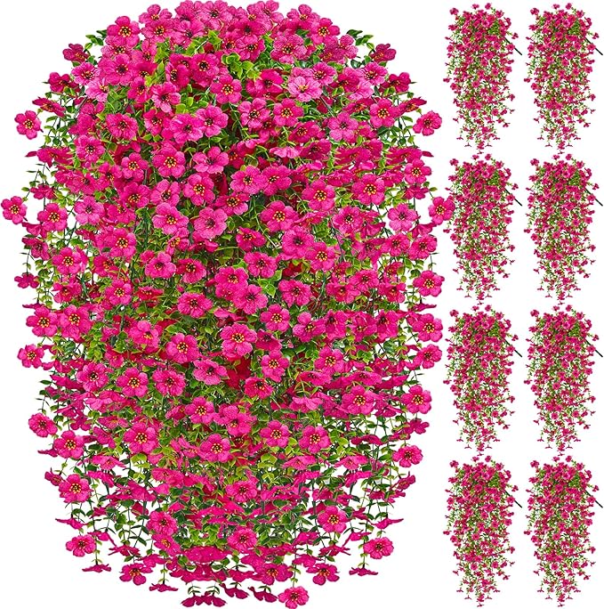 Artificial Hanging Flowers for Outdoors Spring Summer Decoration, 4PCS UV Resistant Silk Fake Hanging Plants for Patio Porch Front Yard Window Garden Indoor Decor(Hot Pink,8PCS)