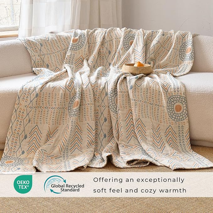 Boho Orange Reversible Throw Blanket – Twin Size 60"x80" Lightweight 4-Layer 100% Cotton Muslin, Geometric Striped Pattern, Washable & Breathable, Soft Comfy for Couch Bed Decor, All Seasons
